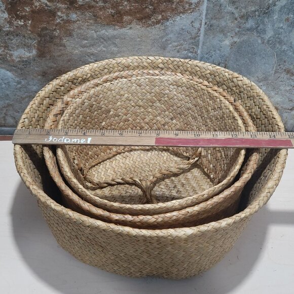 Nested  Woven Seagrass Baskets Rounded Belly Foldable Handles Set of 3 - Picture 9 of 13